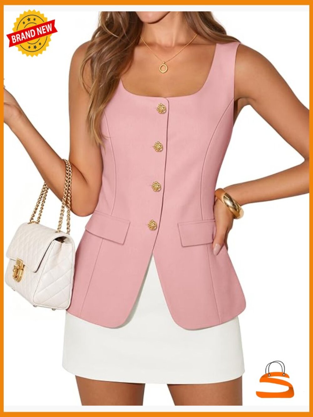Sleeveless Square Neck Blazer Vest Women Business Work Waistcoat Open Front